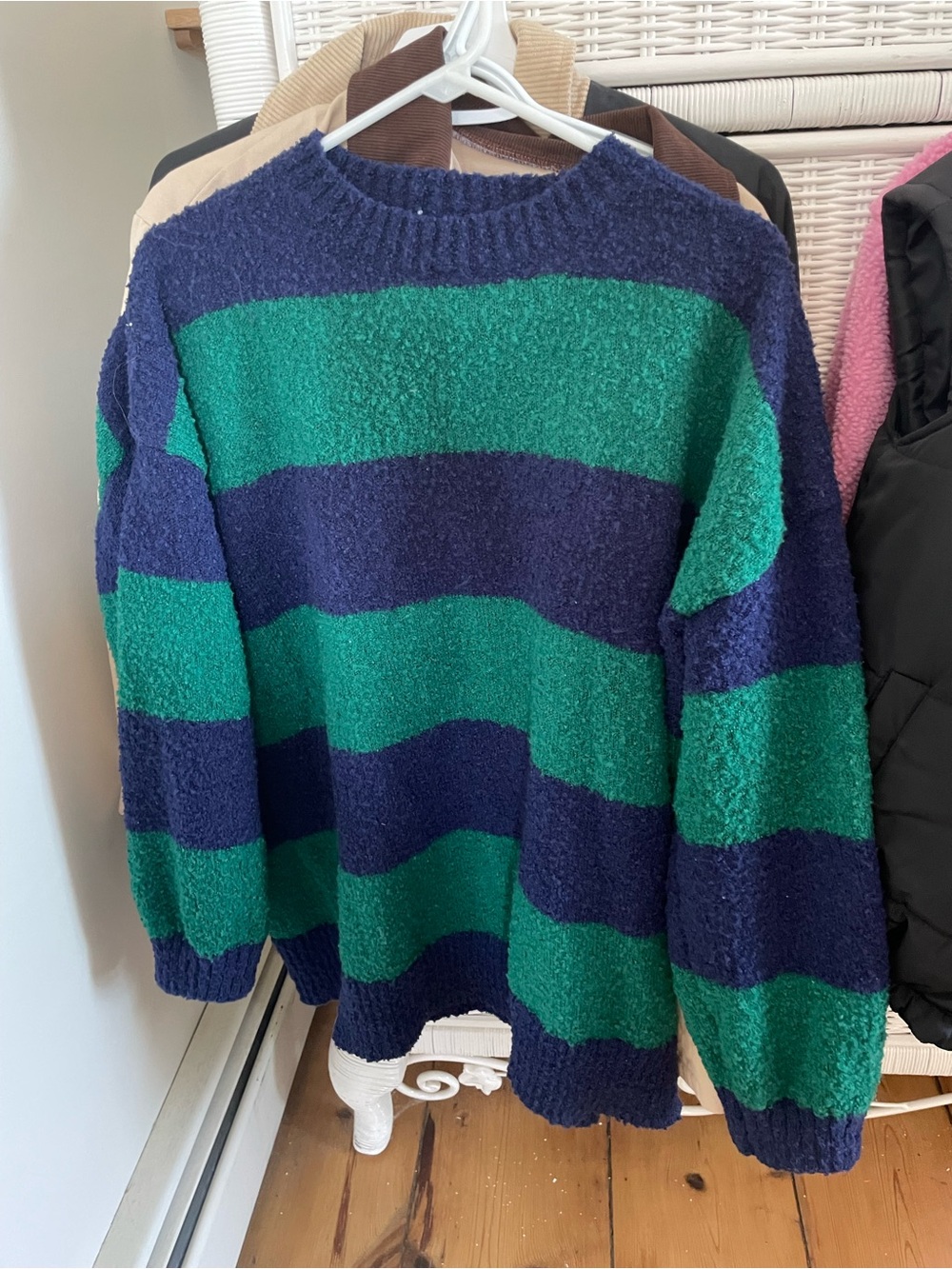 Green & Navy Striped Cozy Crewneck Sweater